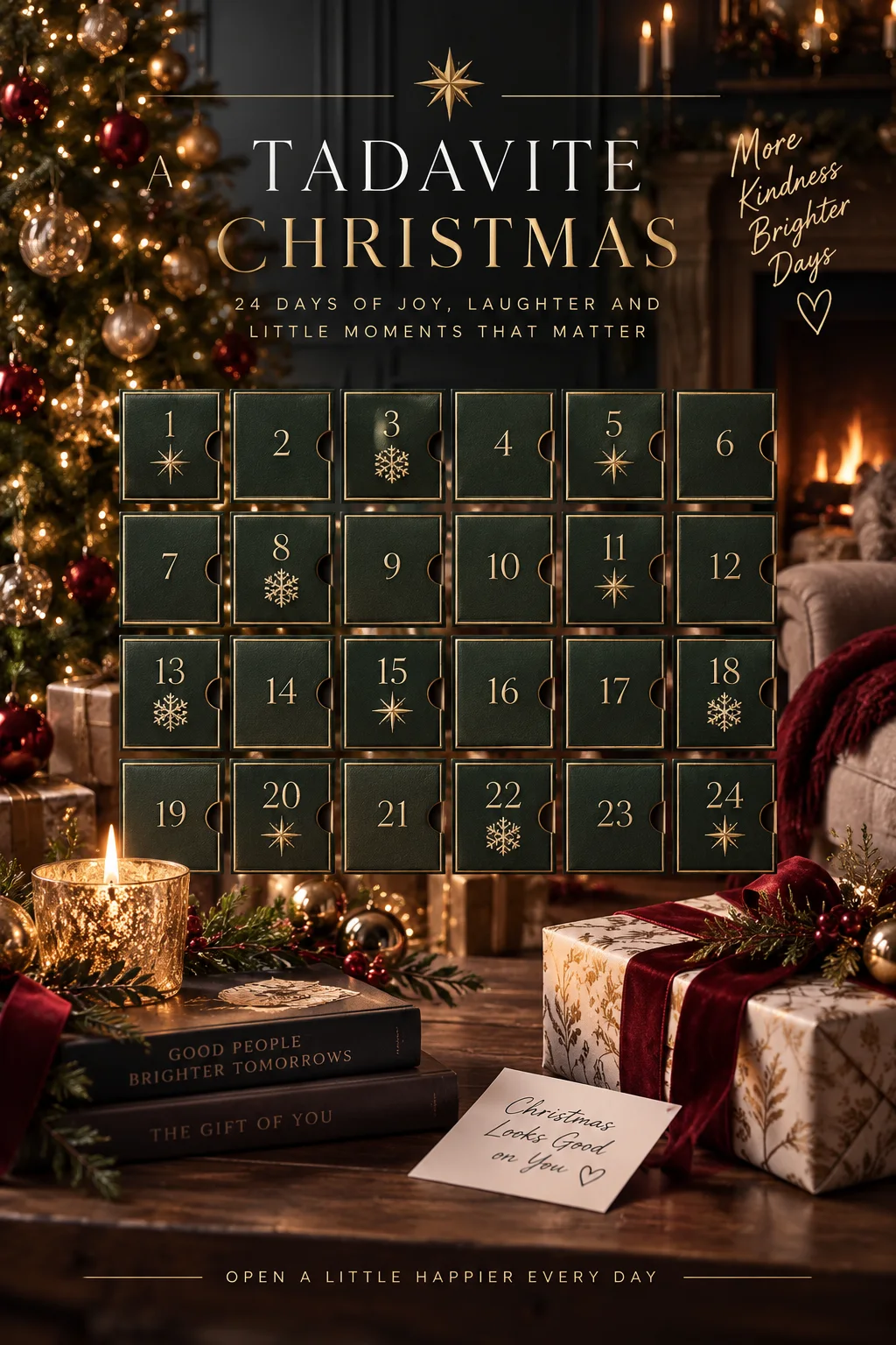 A Tadavite Christmas: a deep green advent calendar of 24 gold-numbered doors in a candlelit room with a Christmas tree, fire and wrapped presents.