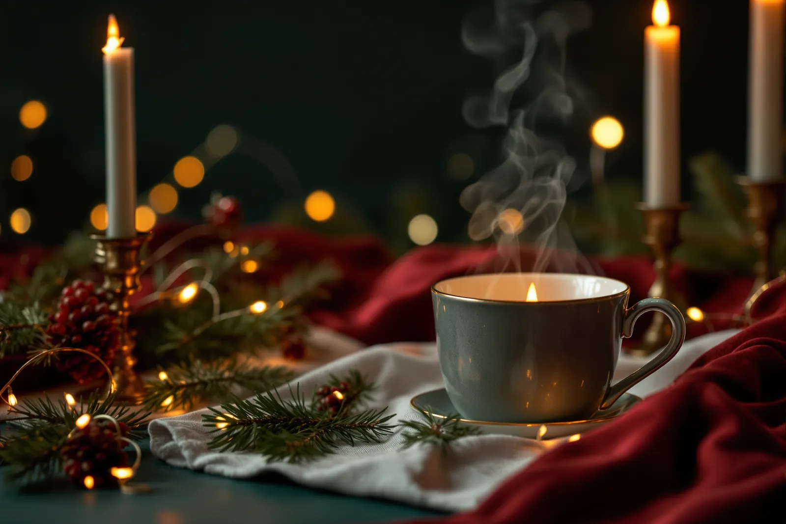 A steaming cup of tea beside lit candles, pine and red velvet in a calm, candlelit room.