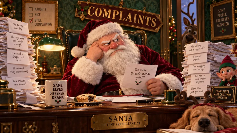 Santa slumped at a desk buried in towers of complaint letters, a golden retriever asleep at his boots.