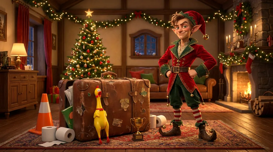 A smug elf in a red velvet coat stands hands on hips in a cosy living room beside a battered suitcase spilling a rubber chicken and a traffic cone.