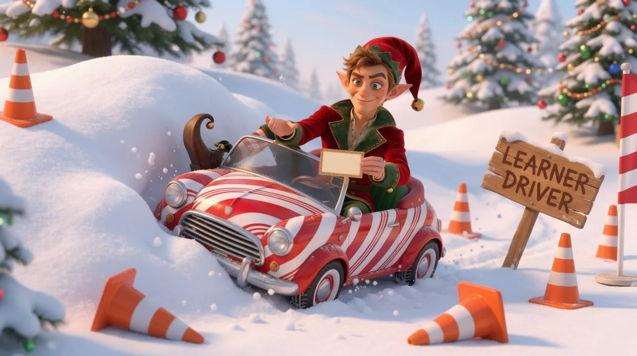 A snowy driving course strewn with knocked-over orange traffic cones, a red-and-white striped candy-cane car parked crookedly at a finish flag; the elf (red velvet coat with emerald lapels, red hat with a brass bell) in the passenger seat clutches the dashboard, hat askew, holding out a small handmade card.