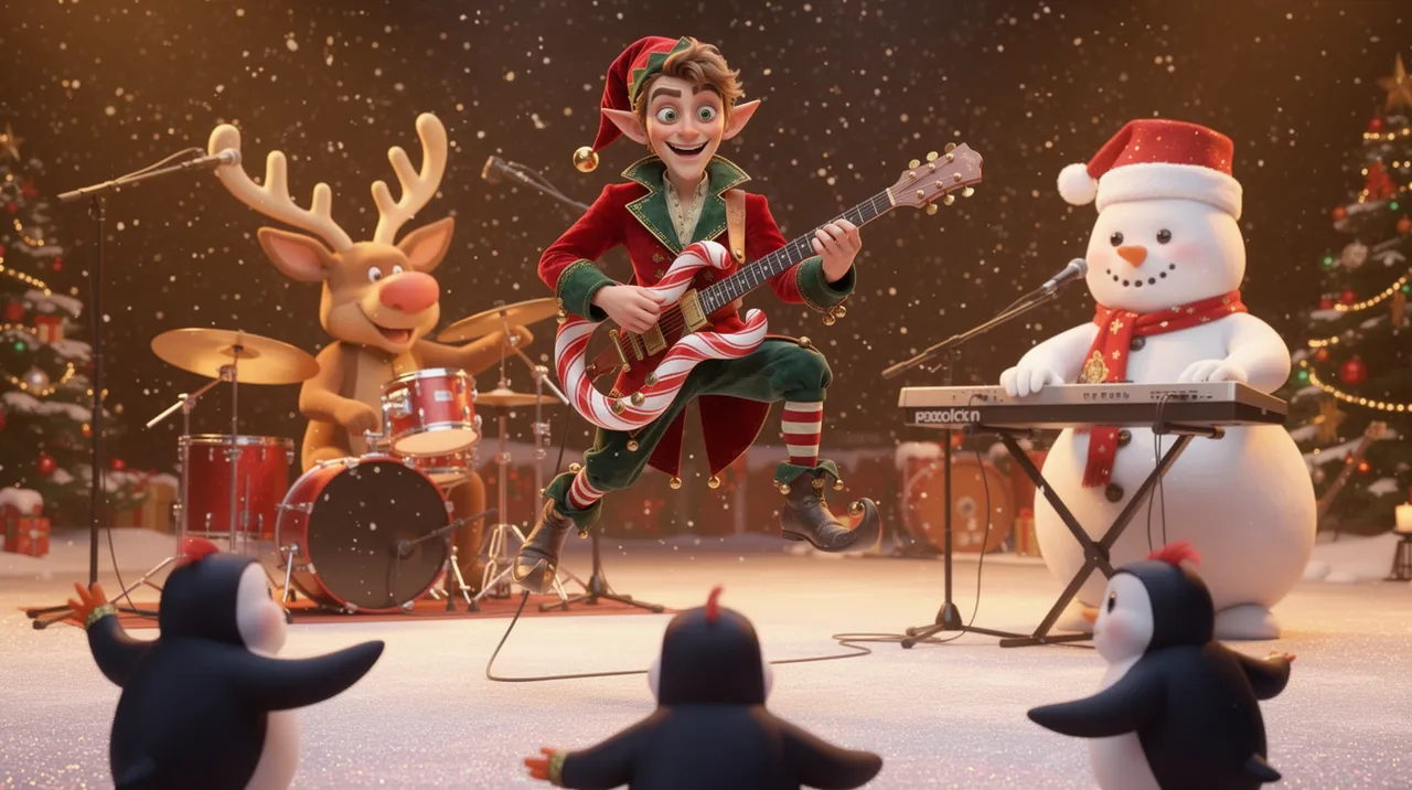 A glittery snowy stage in full swing with the elf in his red velvet coat with emerald lapels and red hat with brass bell leaping mid-air with his candy-cane guitar, a reindeer pounding the drums and a snowman on keyboard, while three penguins in the front row flap their flippers wildly.