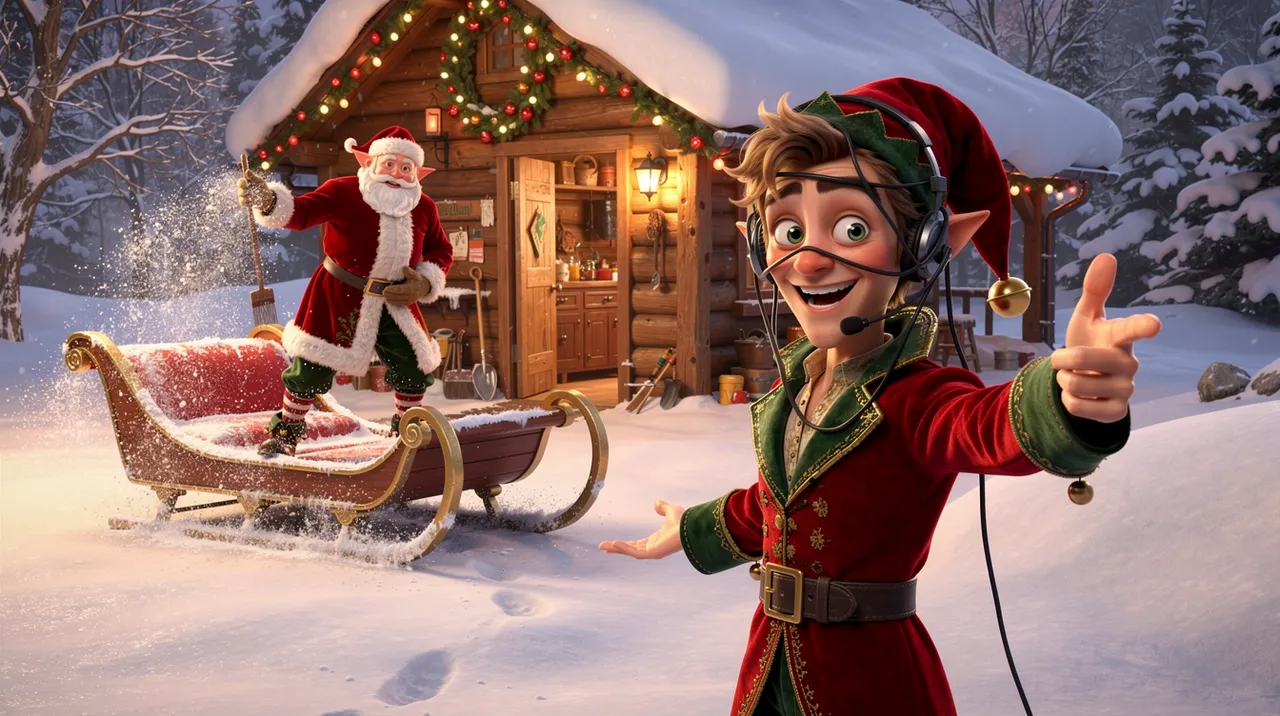 A sleigh lands a bit crookedly in a snowdrift beside a workshop; Santa climbs out, smiling and dusting off snow, looking around; the elf (red velvet coat, emerald lapels, red hat with brass bell) in a headset beams and points proudly toward the viewer. No text or letters anywhere.