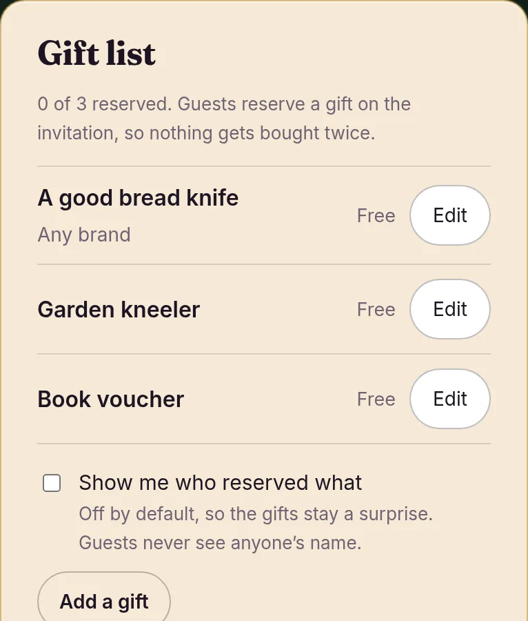 Gift list on the host page