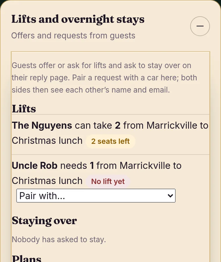 Lifts & overnight stays on the host page