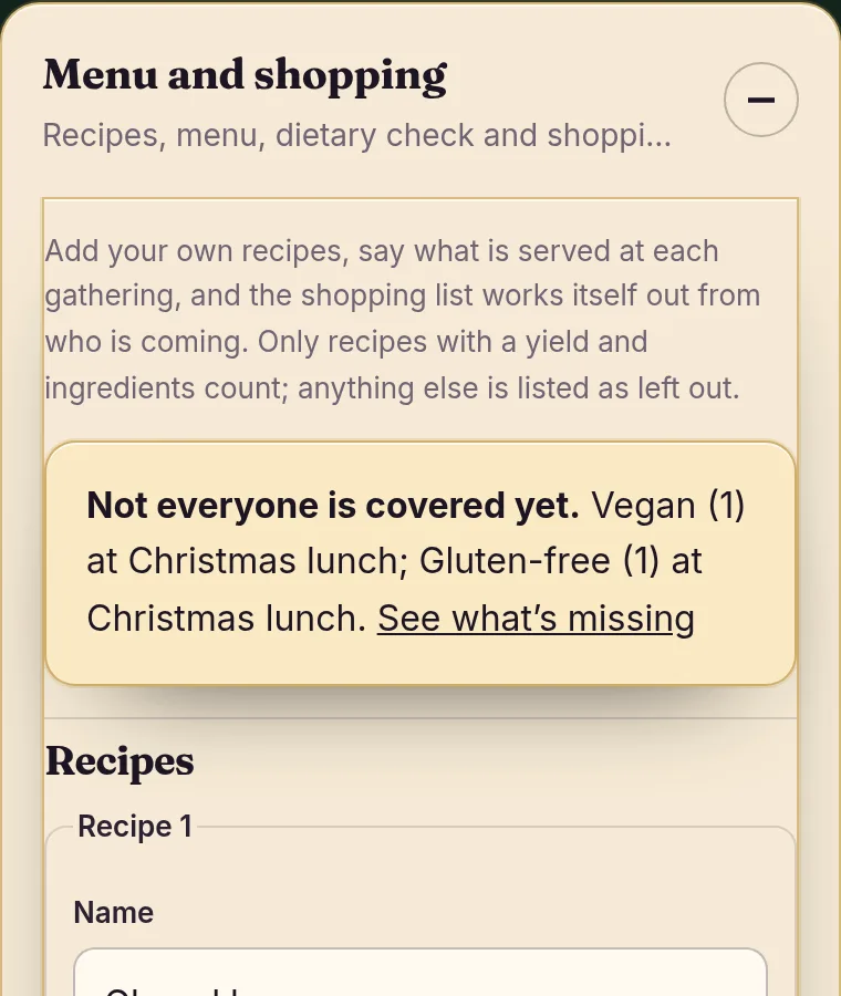Menu, dietary check & shopping on the host page