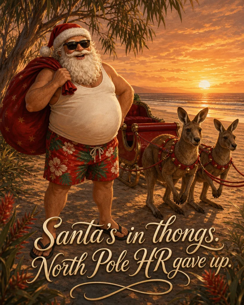 Santa in Thongs, Christmas card front