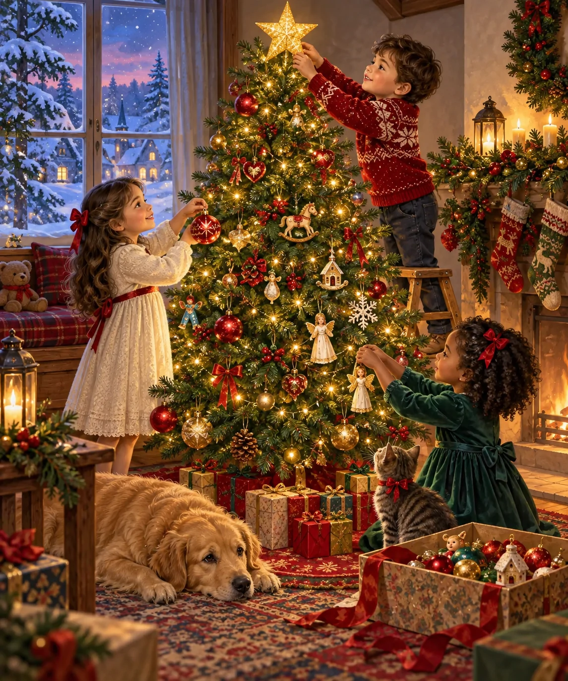 Trimming the Tree, Christmas card front