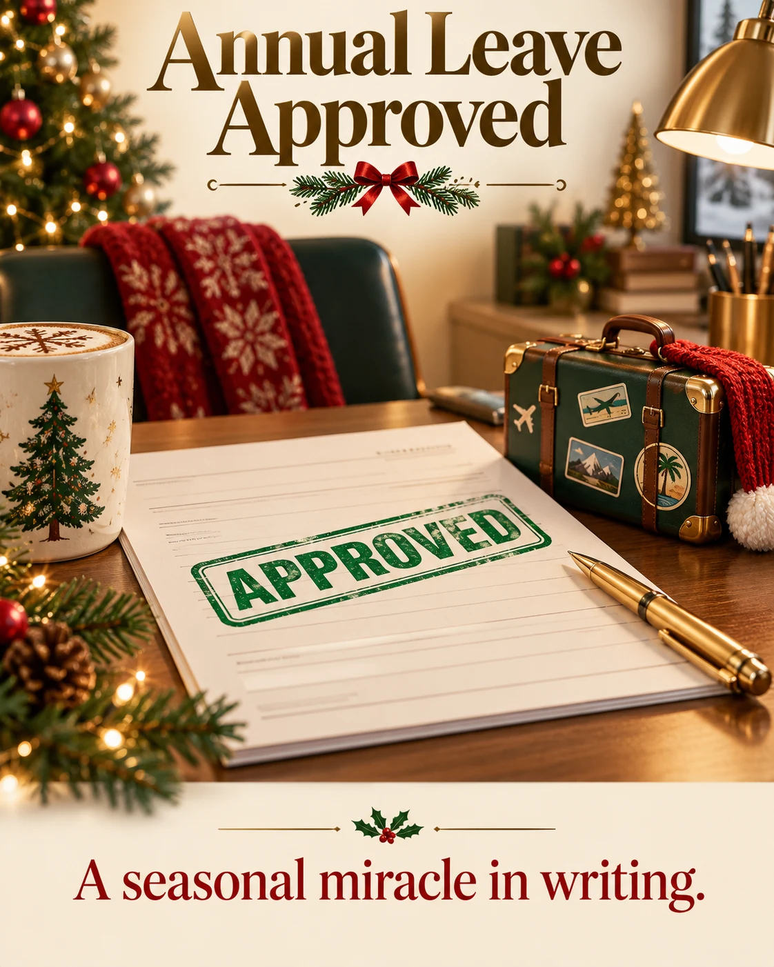 Annual Leave Approved, Christmas card front