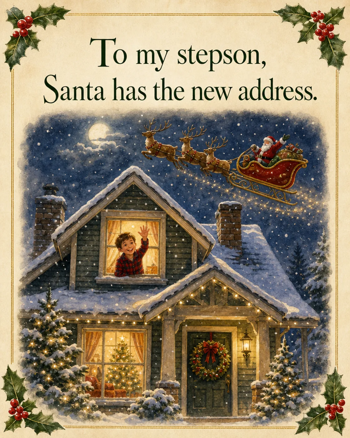 Santa Has the New Address, Christmas card front