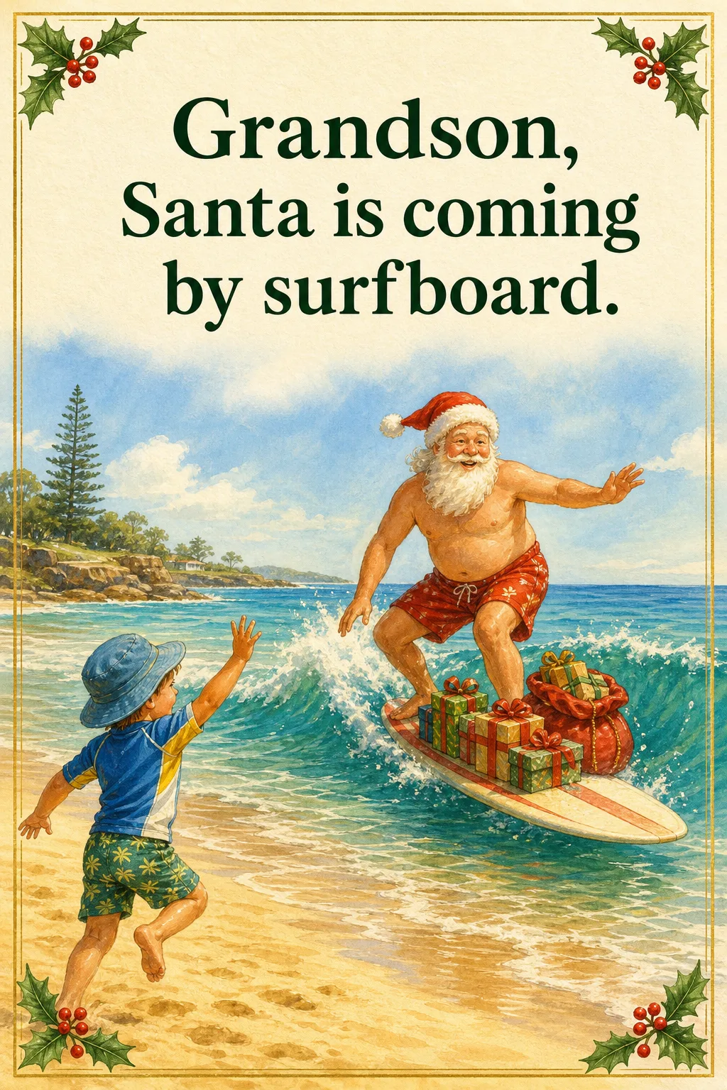 Santa by Surfboard, Christmas card front