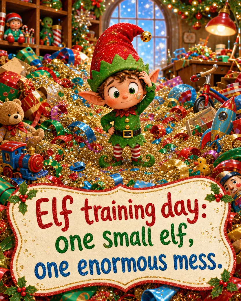 Elf Training Day, Christmas card front