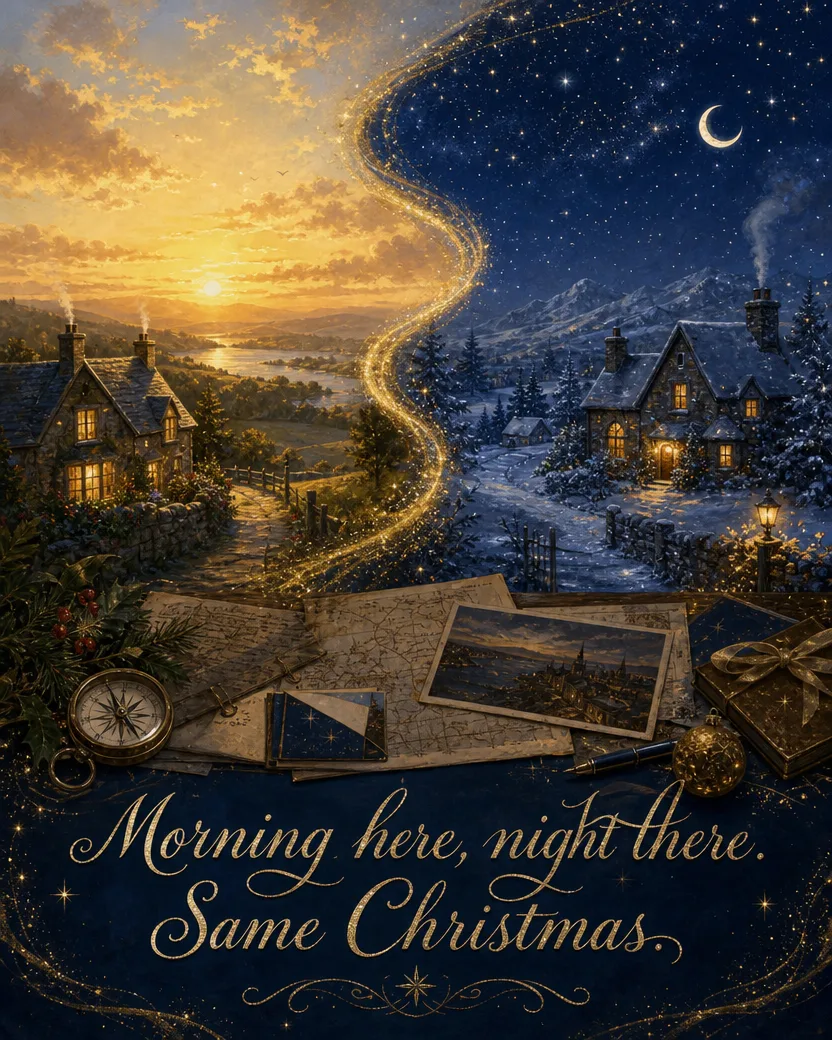 Morning Here, Night There, Christmas card front