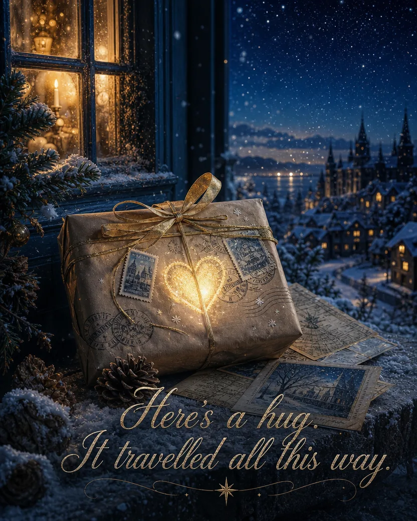 The Long Distance Hug, Christmas card front