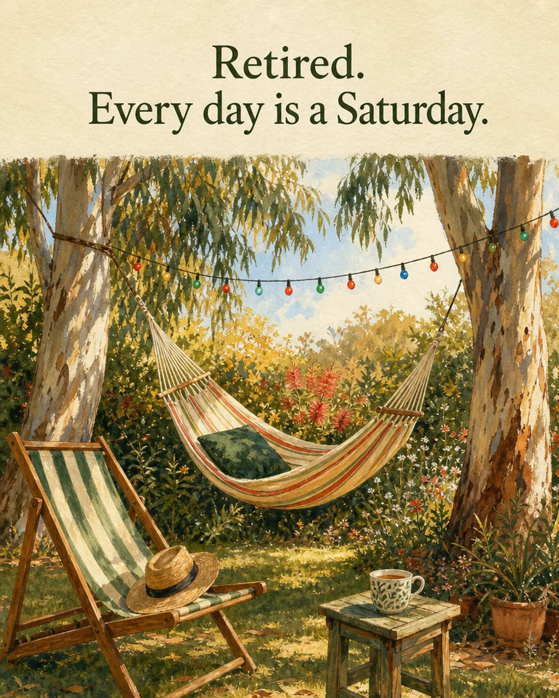 Retired, Every Day a Saturday, Christmas card front