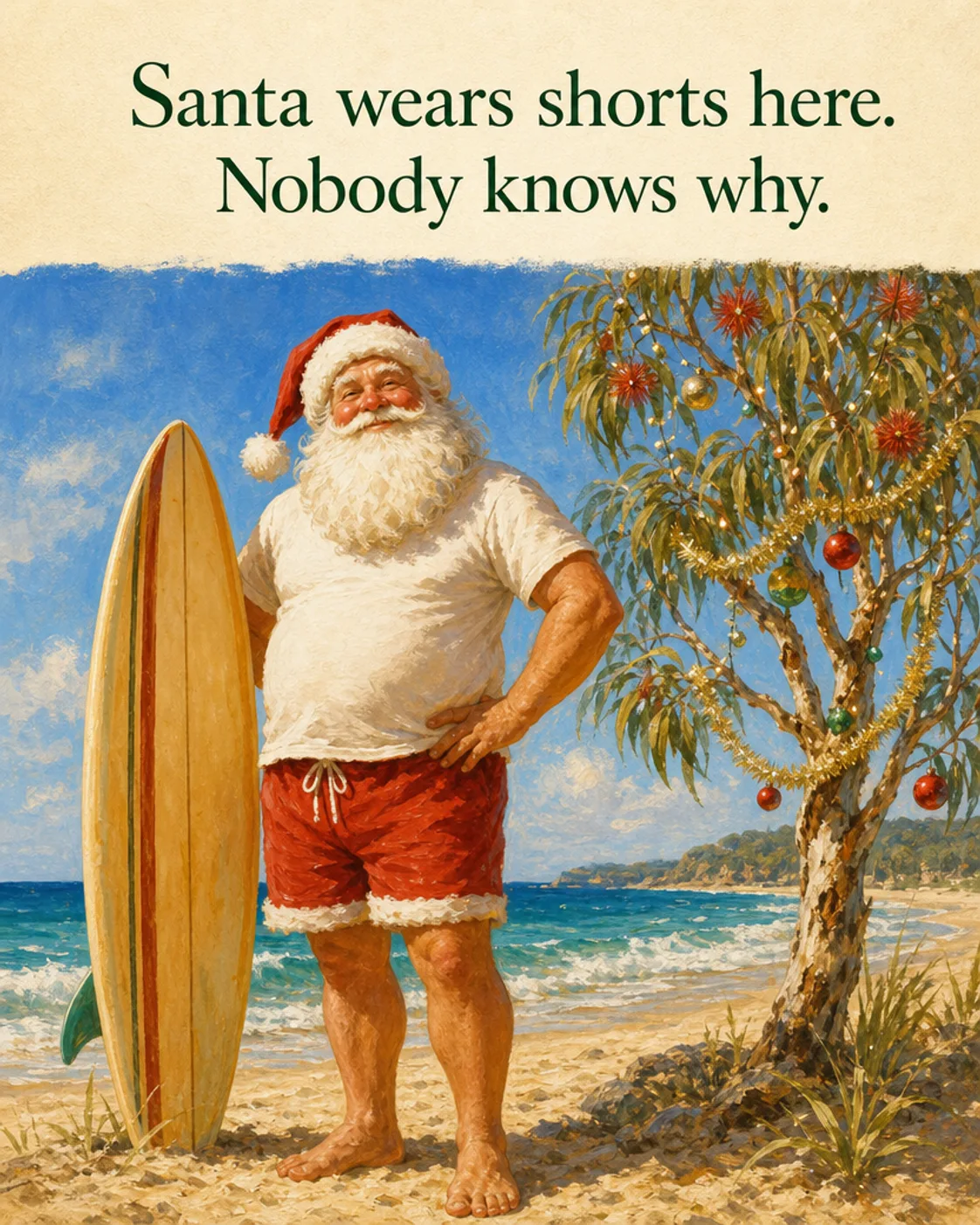 Santa Wears Shorts Here, Christmas card front