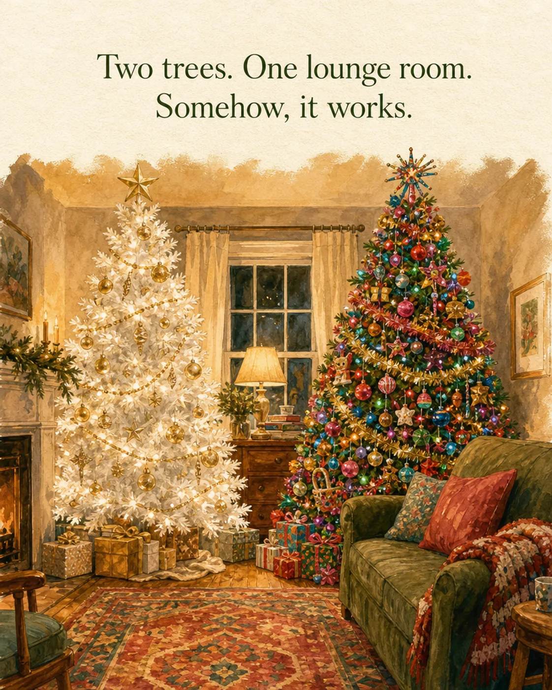 Two Trees, One Lounge Room, Christmas card front