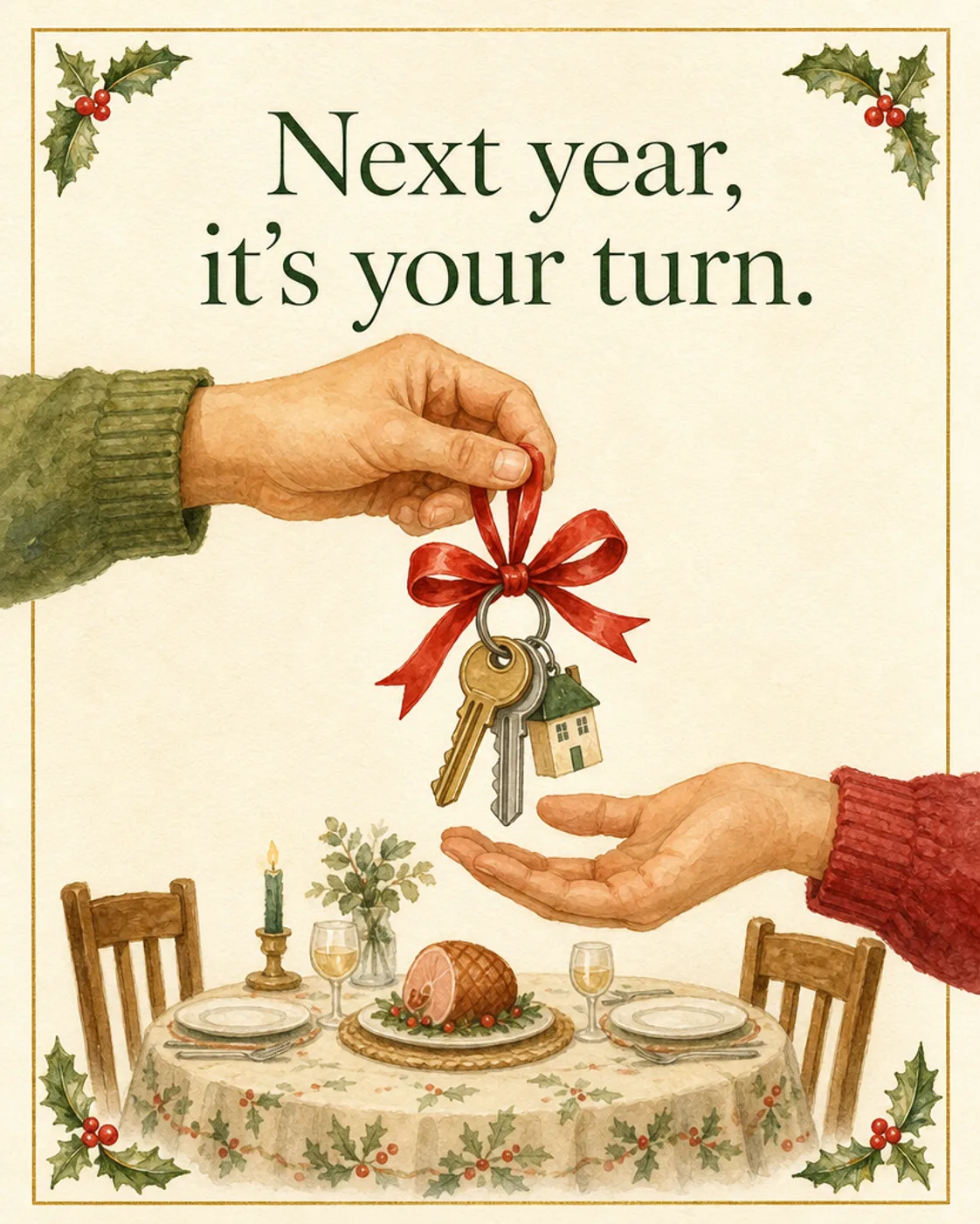 Next Year’s Host, Christmas card front