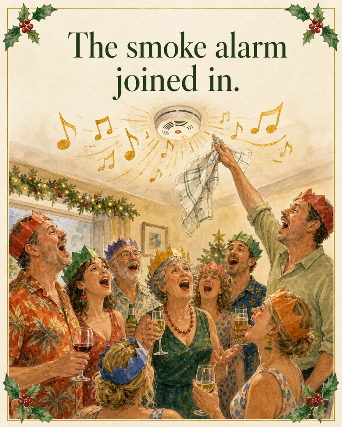Smoke Alarm Carols, Christmas card front