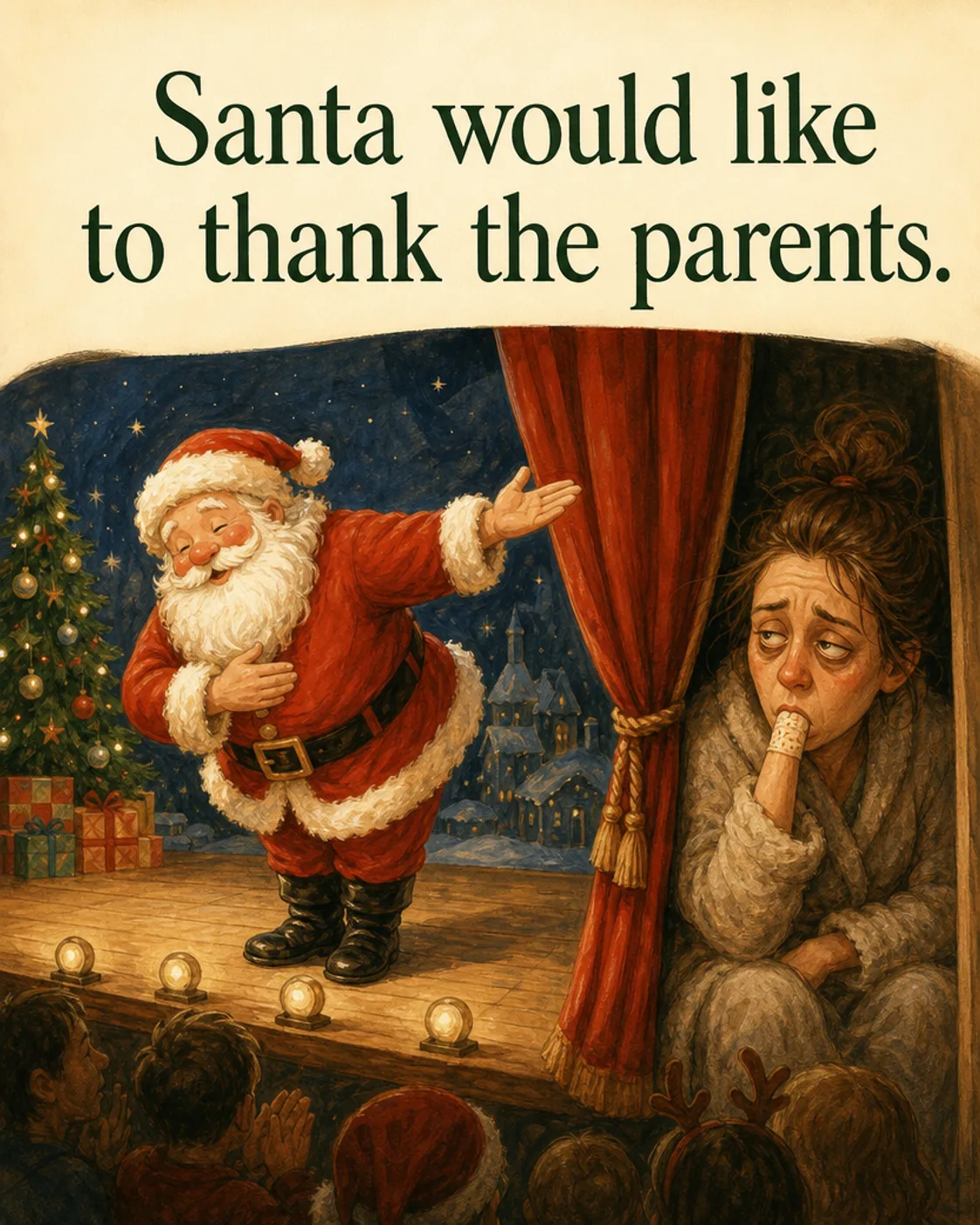 Santa Takes Credit, Christmas card front