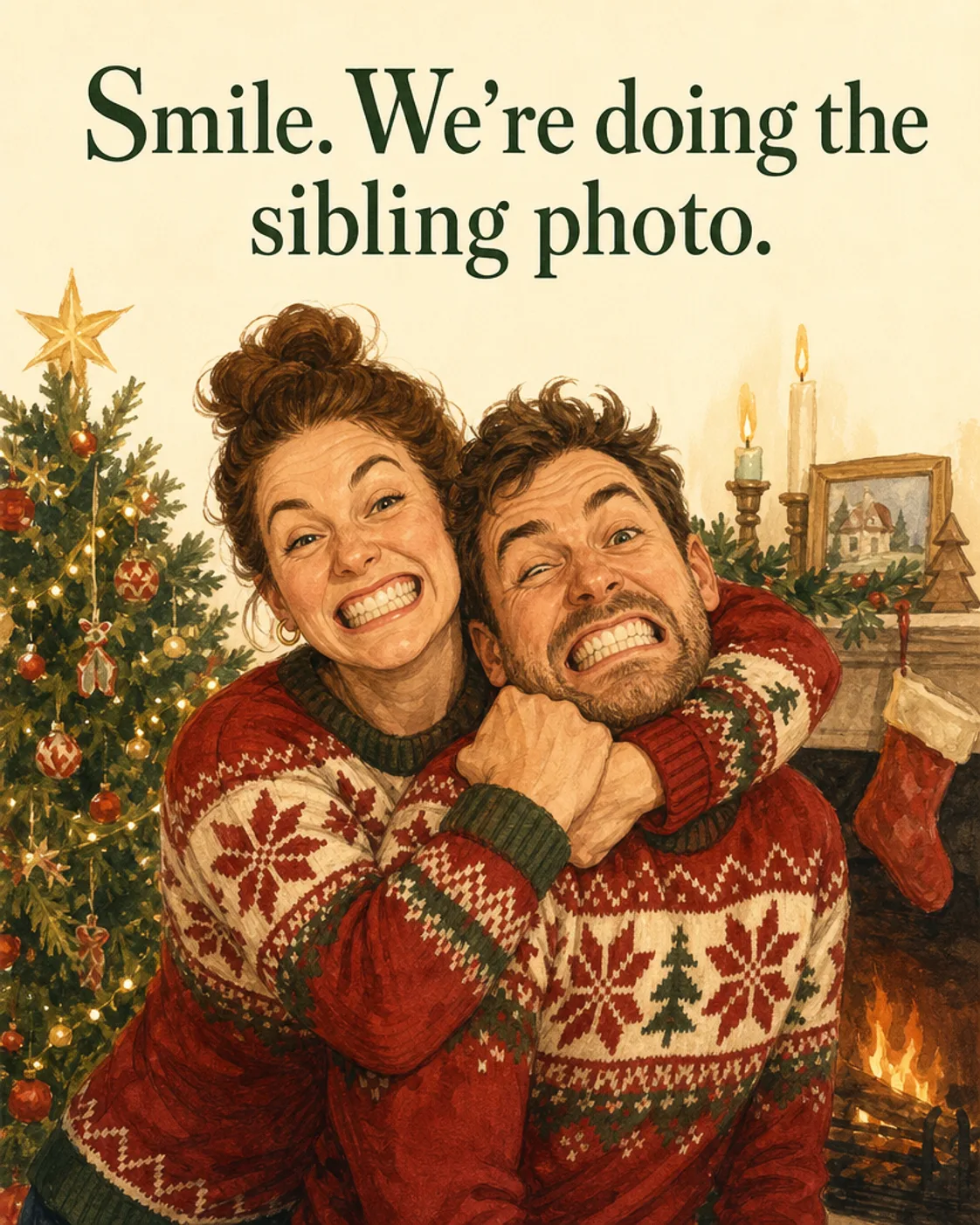 Sibling Headlock, Christmas card front