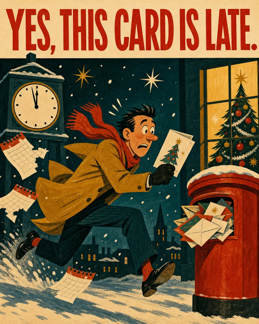 This Card Is Late, Christmas card front