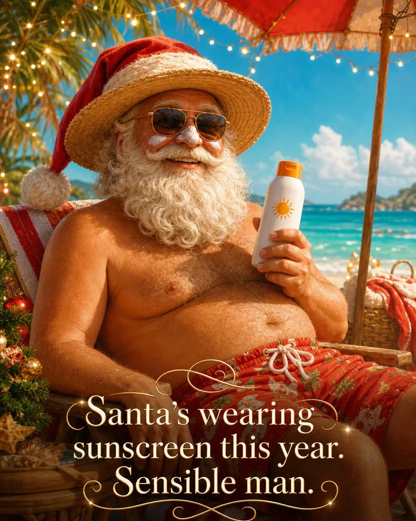 Sunscreen for Santa, Christmas card front