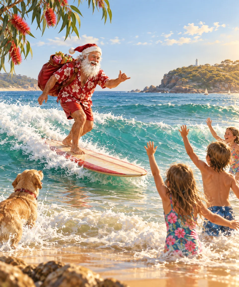 Santa Comes by Surfboard, Christmas card front