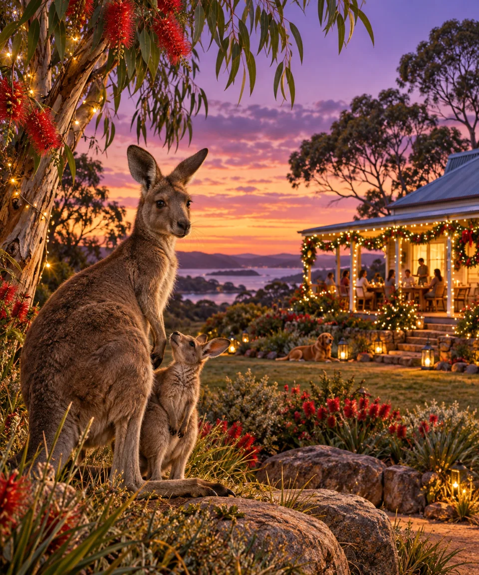 Kangaroos at Christmas Twilight, Christmas card front