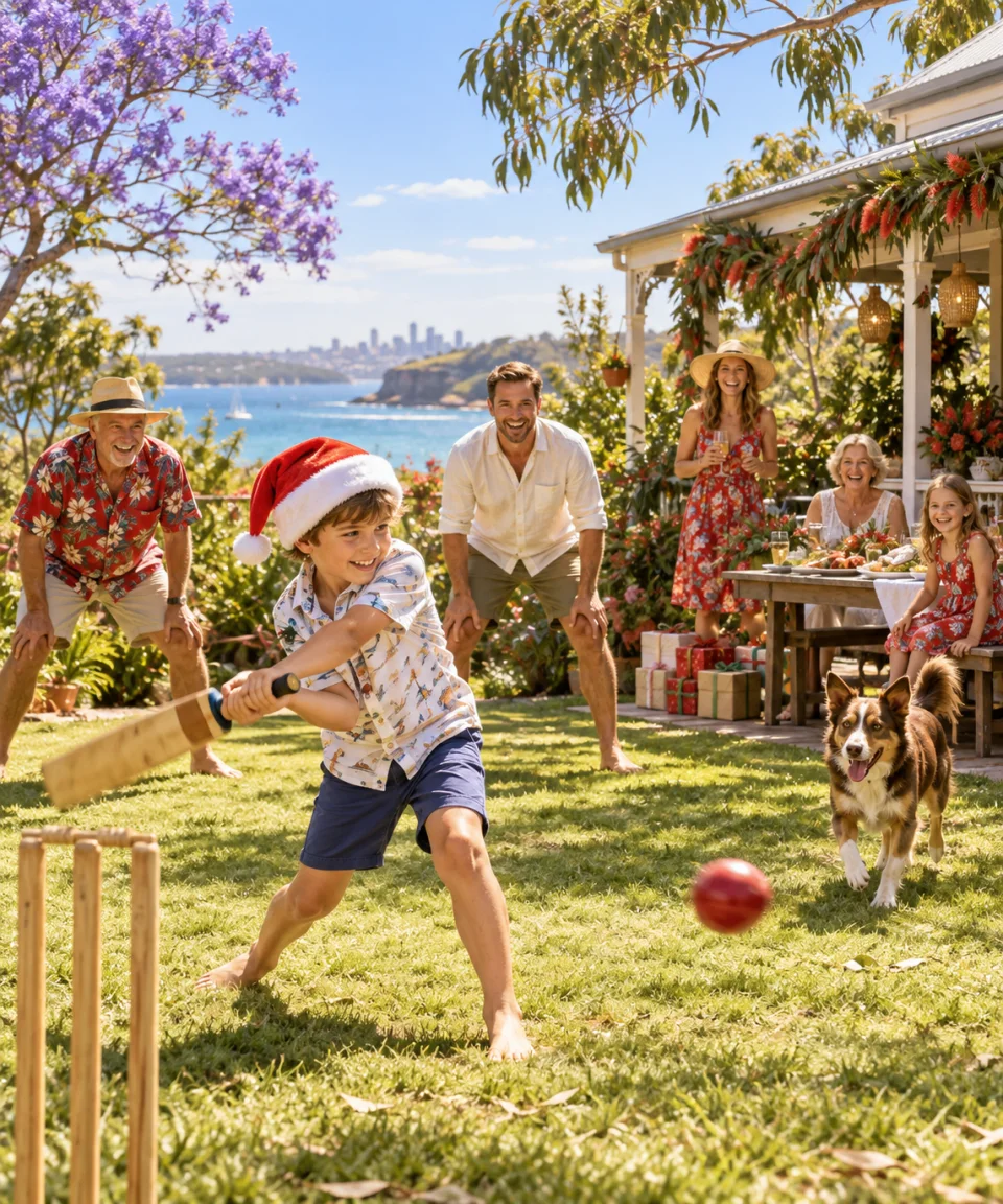 Backyard Cricket Christmas, Christmas card front