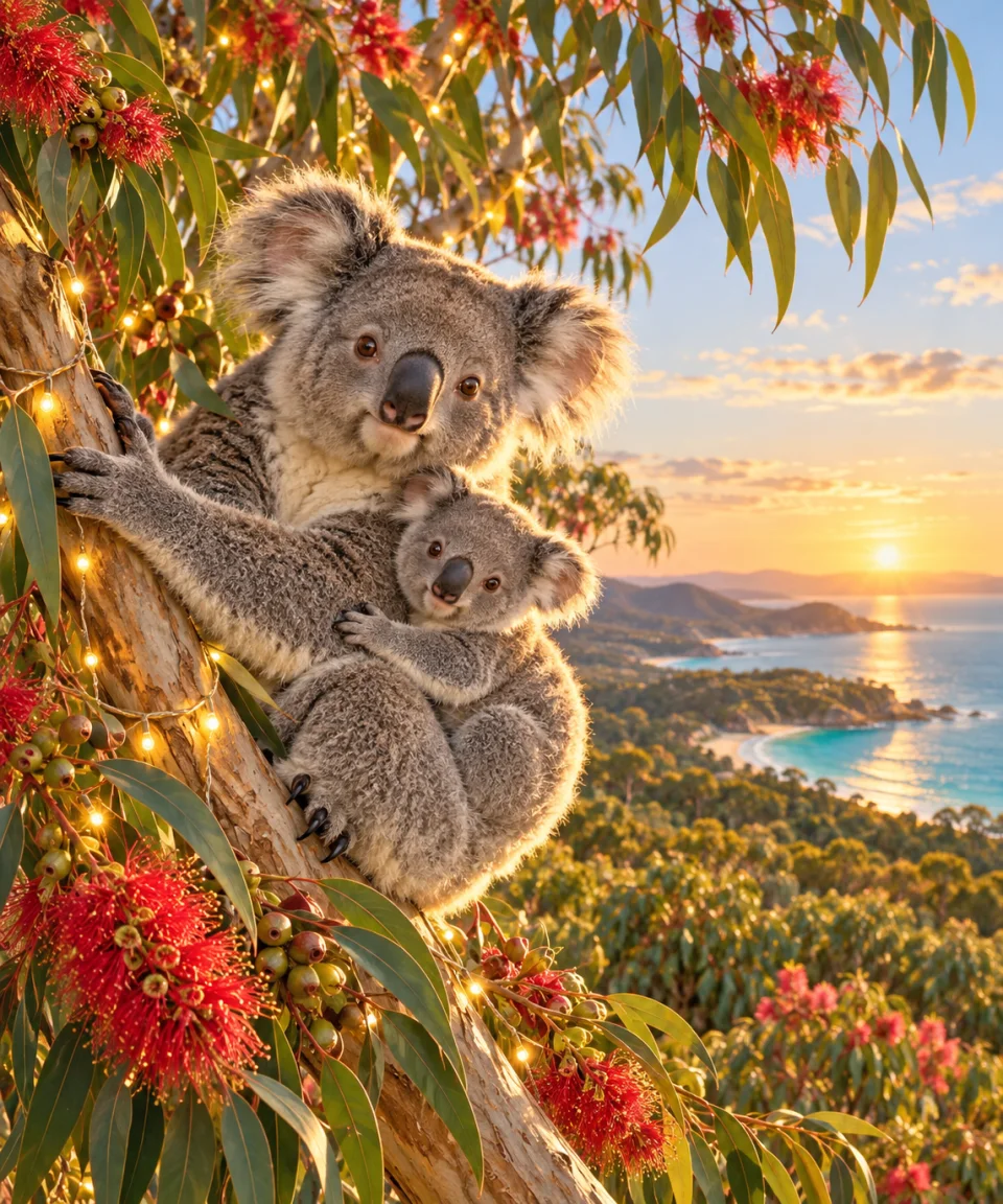 Koala Christmas in the Flowering Gums, Christmas card front