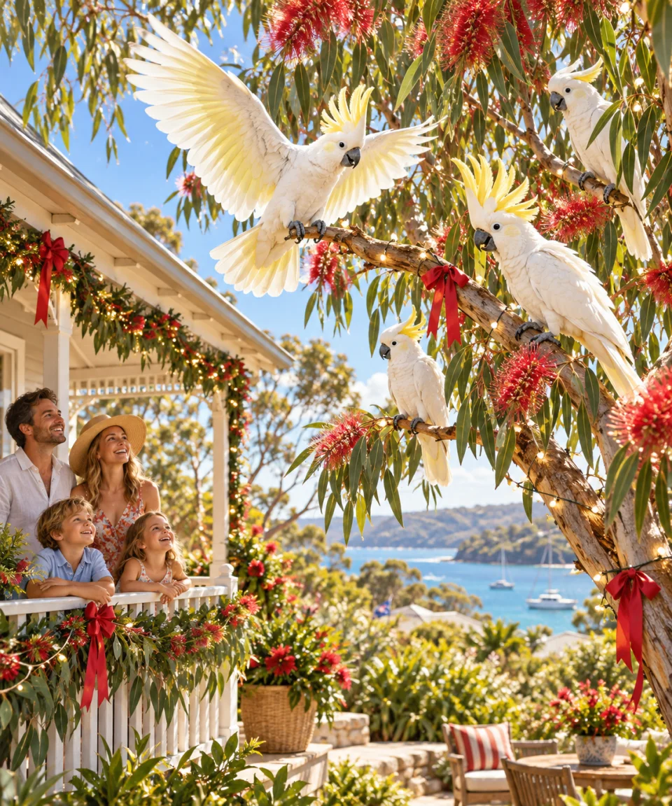 Cockatoo Christmas Morning, Christmas card front