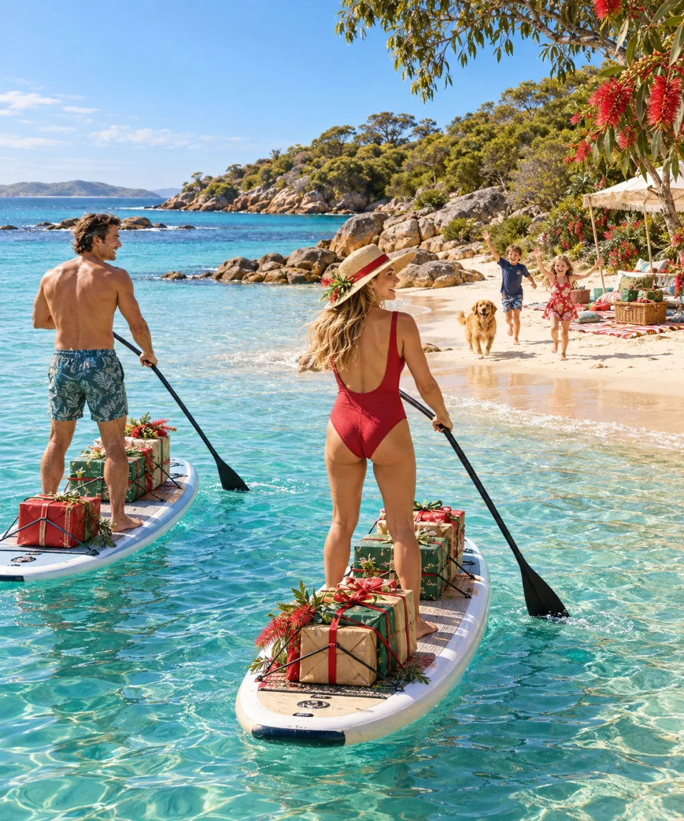 Presents by Paddleboard, Christmas card front