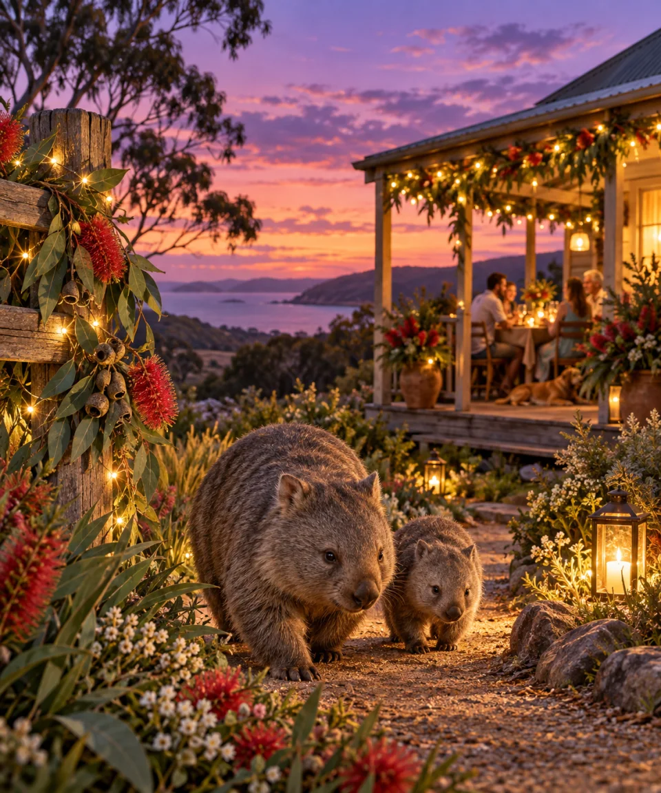 Wombats at Christmas Dusk, Christmas card front