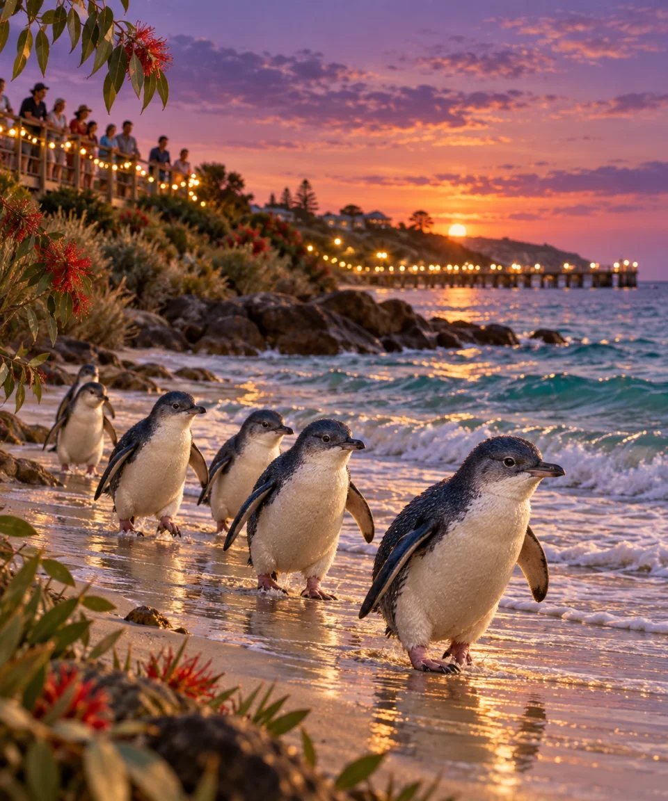 Little Penguins at Christmas Twilight, Christmas card front