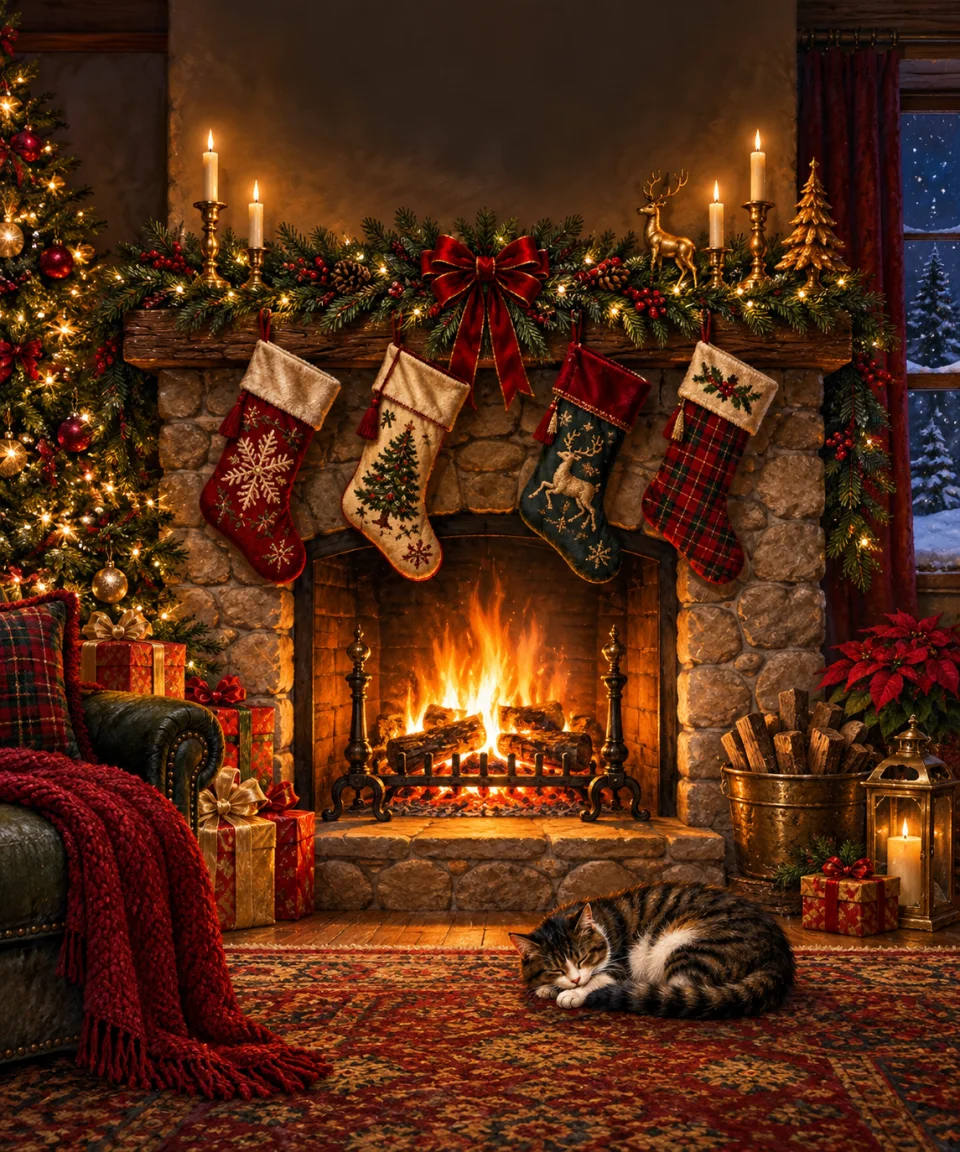 Stockings by the Fire, Christmas card front