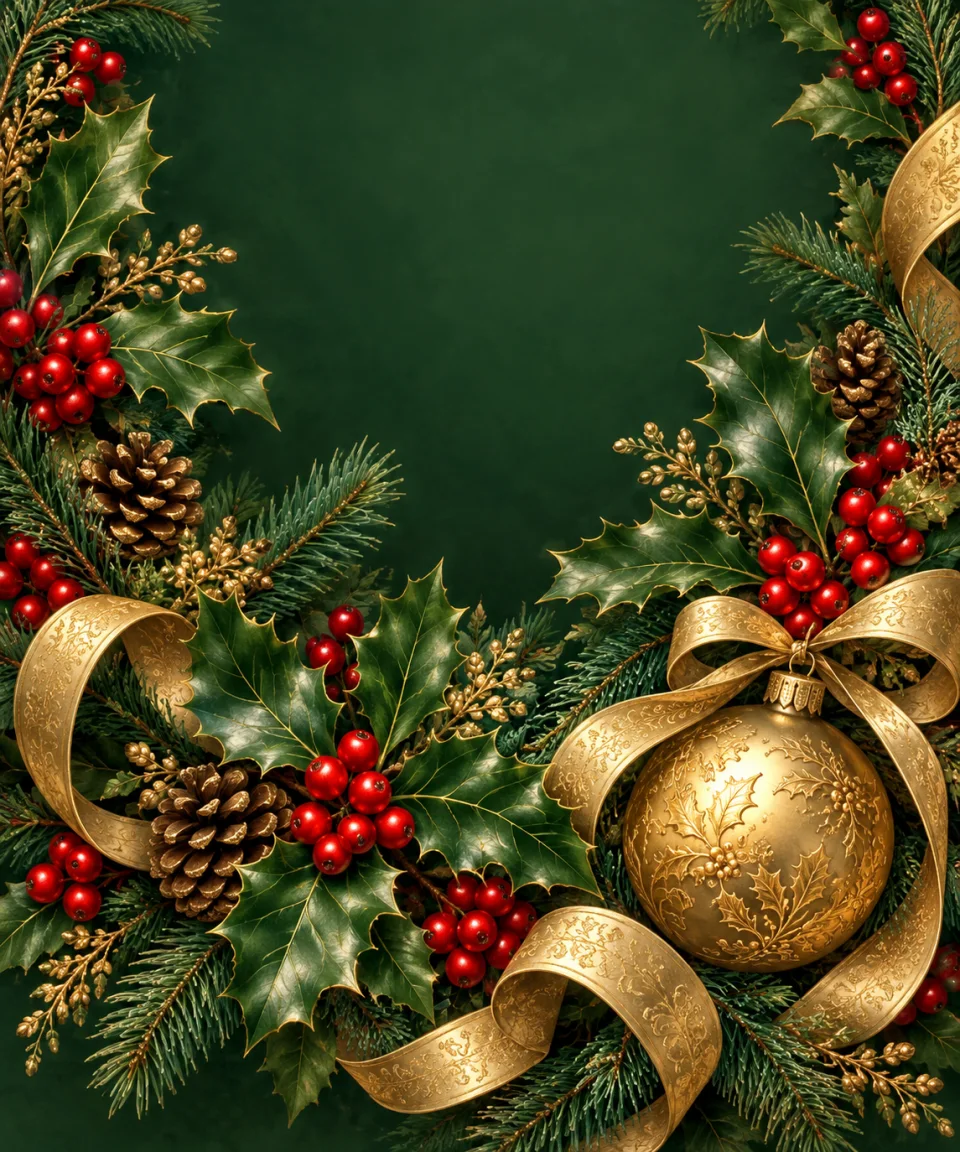 Holly and Gold, Christmas card front