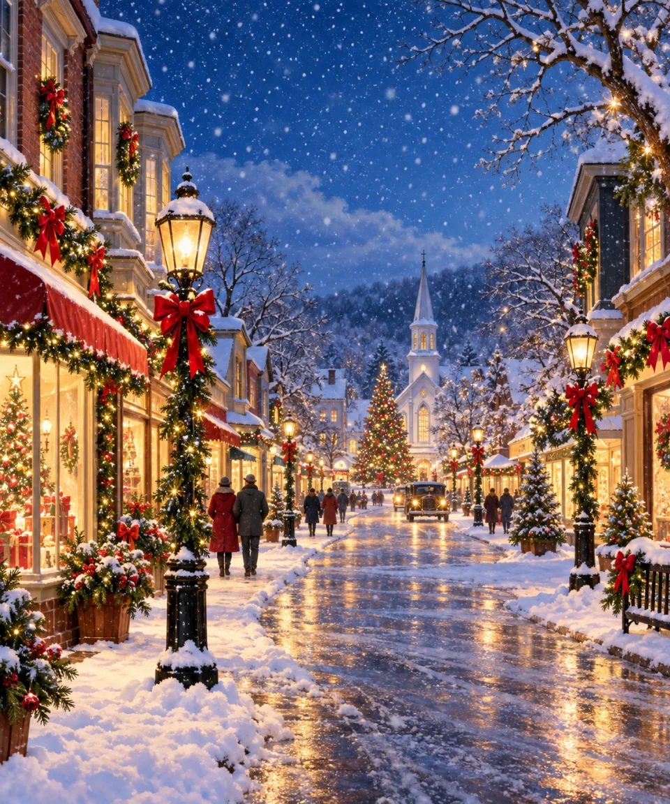 Snowfall on Main Street, Christmas card front
