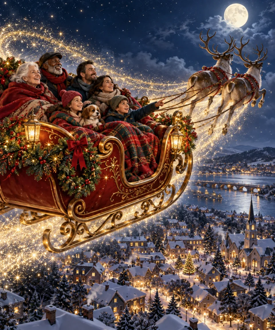 Family Sleigh above the Rooftops, Christmas card front