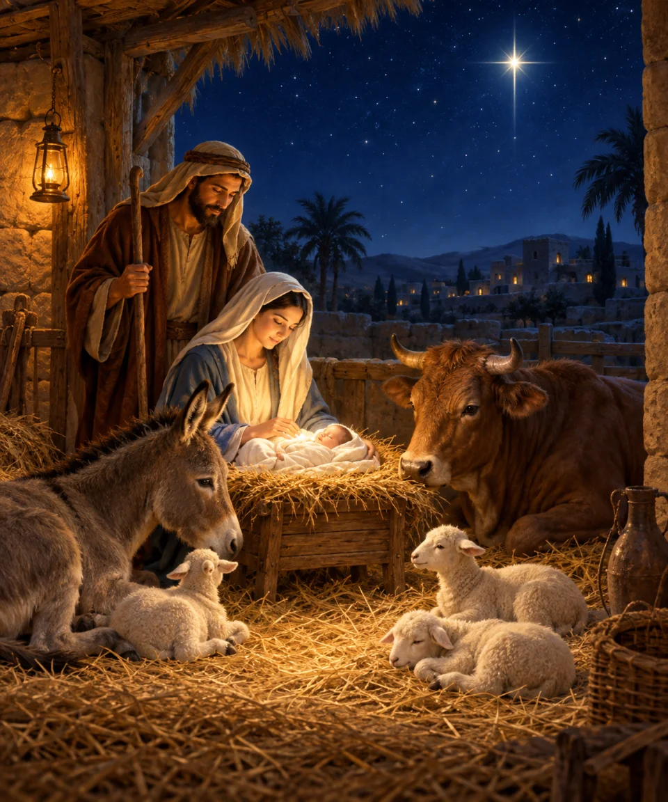 The Animals Gather near, Christmas card front