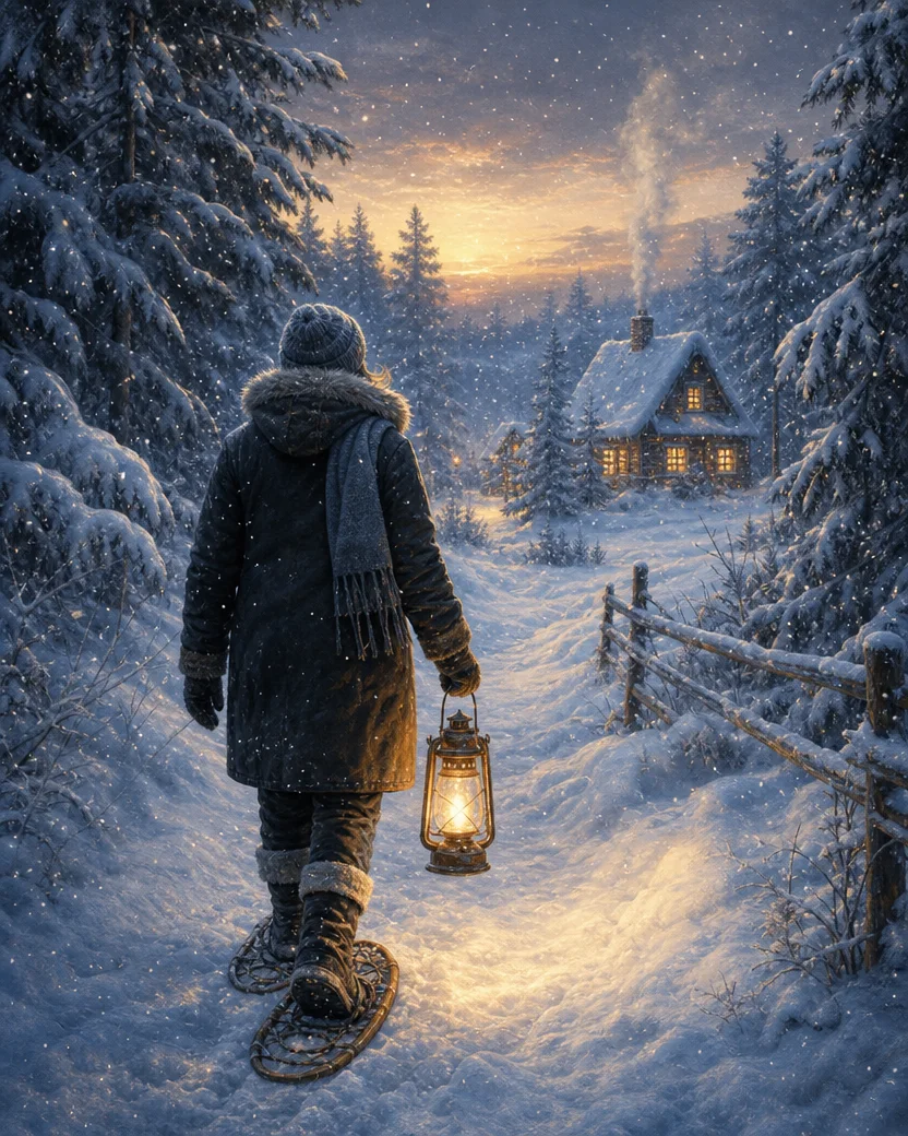 Snowshoe Walk Home, Christmas card front