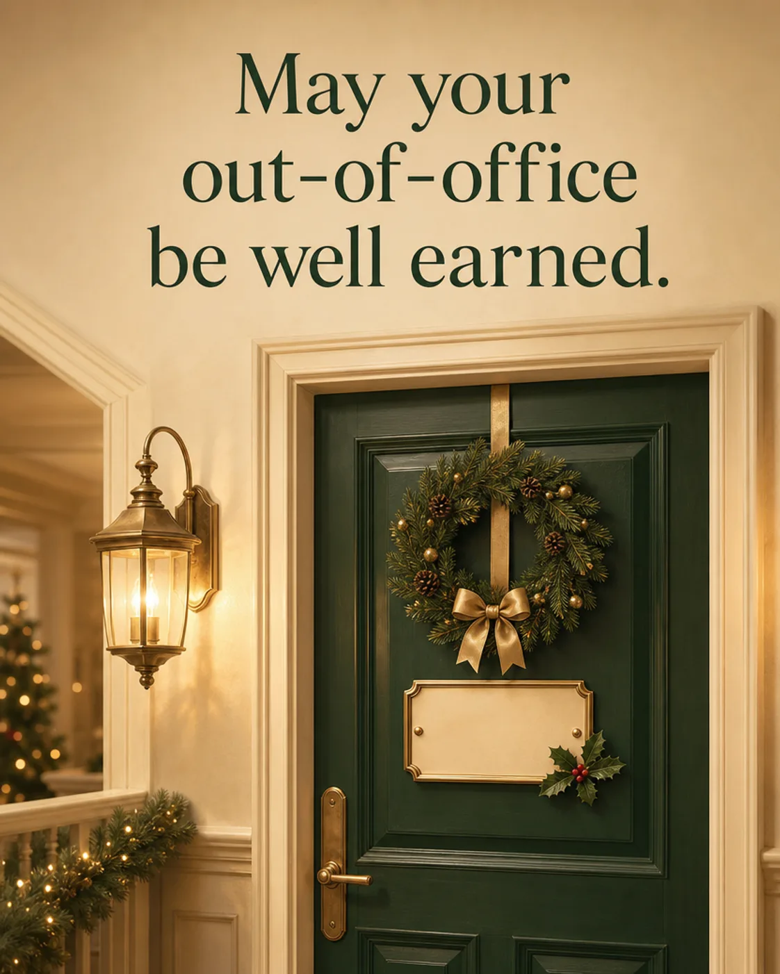 May Your Out-of-Office Be Earned, Christmas card front