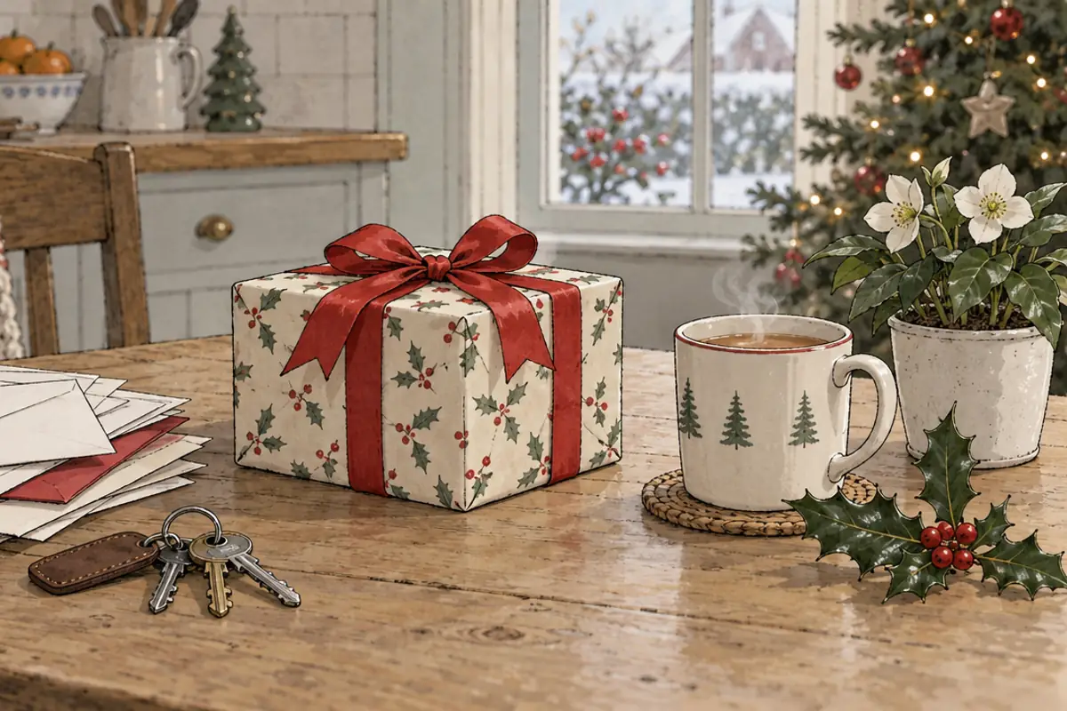 An ink and watercolour cartoon of a kitchen table with a wrapped present tied in red ribbon, a pile of envelopes, a set of keys, a mug of tea, a potted plant and a sprig of holly.