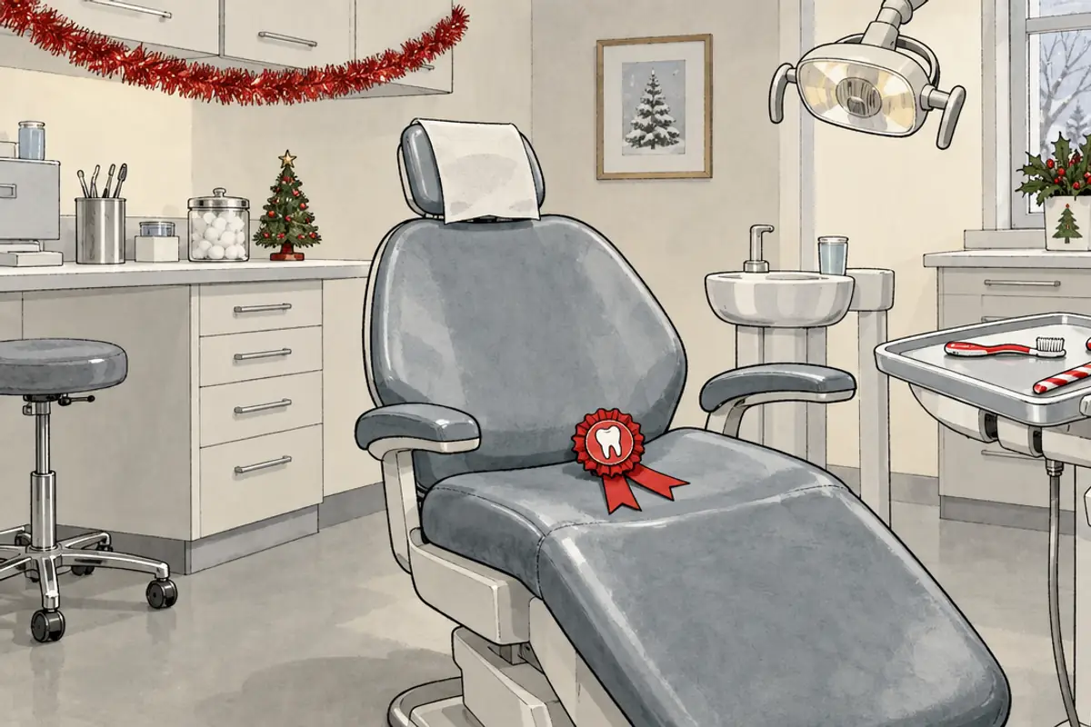 An ink and watercolour cartoon of an empty dentist's chair with a red ribbon rosette on the seat, tinsel along the cupboards and a candy cane on the instrument tray.
