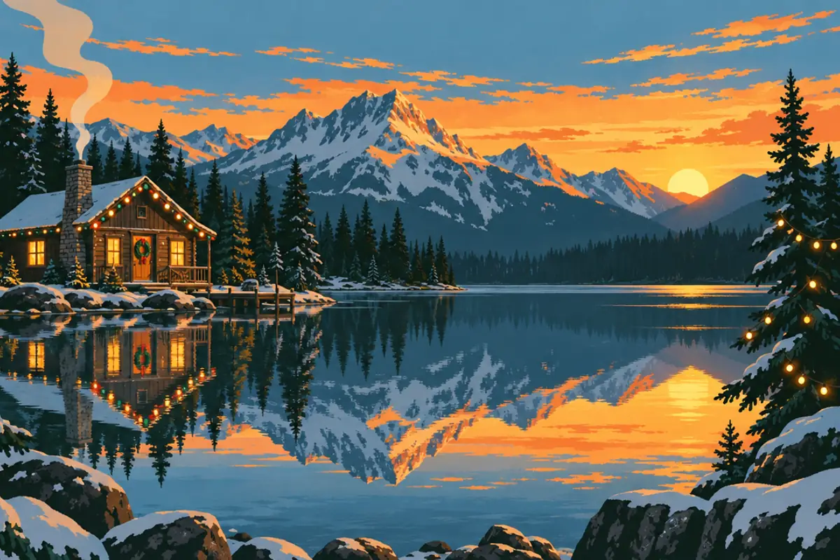 A timber cabin with a wreath and Christmas lights along its roof sits beside a still lake that reflects a snowy mountain at sunset.