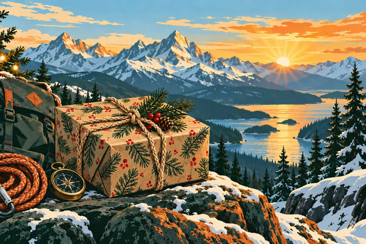 A present wrapped in pine-print paper and tied with rope sits on a rock beside a backpack, a coiled climbing rope and a compass, with snowy mountains at sunrise behind.