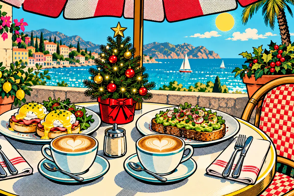 A sunny seaside cafe table with eggs benedict, avocado toast and two heart latte cappuccinos around a tiny Christmas tree.