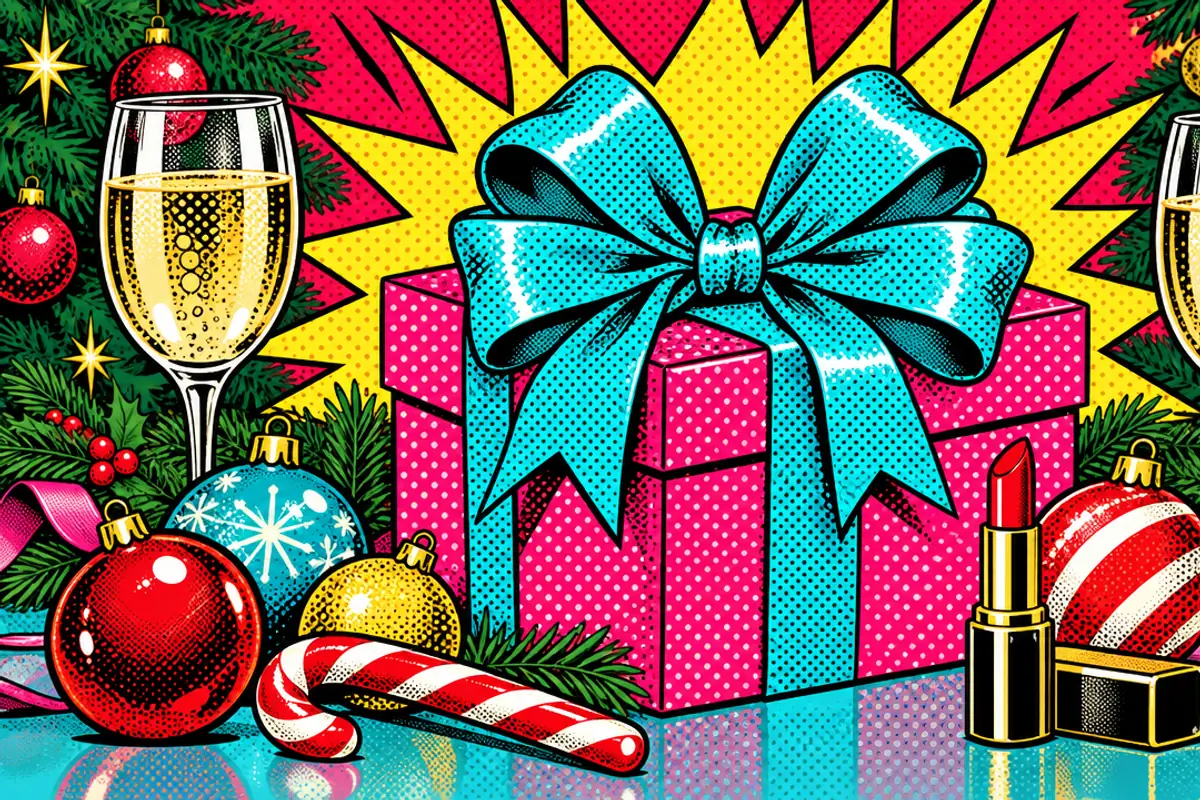 A hot pink present with a huge turquoise bow against a yellow comic starburst, surrounded by champagne flutes, baubles, a candy cane and a lipstick.