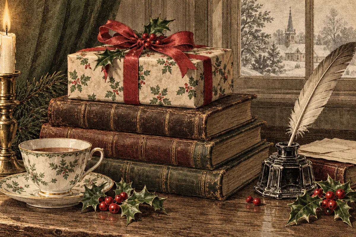 A present tied with red ribbon sits on a stack of old leather books beside a lit candle, a teacup, a quill in an inkwell and sprigs of holly.