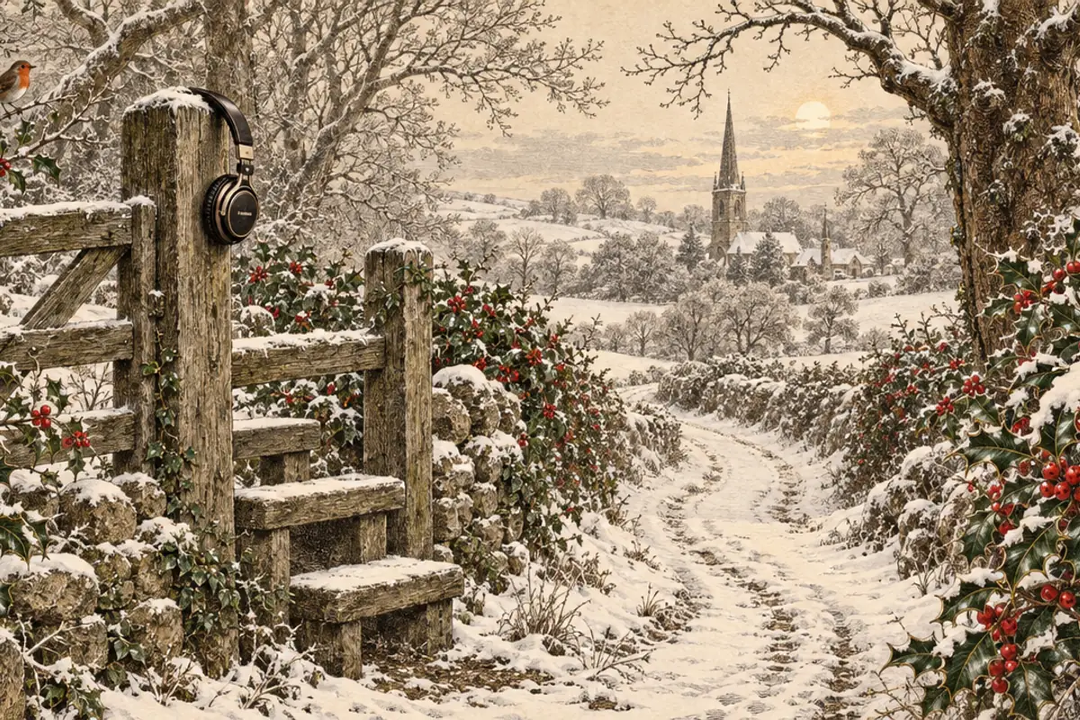 A pair of headphones hangs from a wooden stile on a snowy lane lined with holly, a robin nearby and a church spire in the distance.